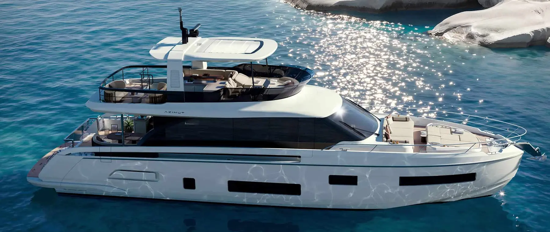 Official Azimut Yachts image of the new 21.47-metre Fly 70, used with editorial coverage of its Cannes Yachting Festival 2026 world premiere.