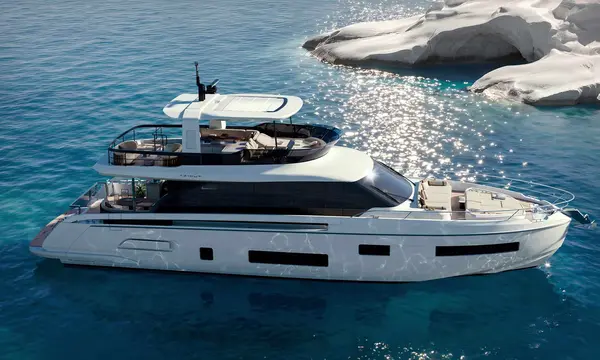 Official Azimut Yachts image of the new 21.47-metre Fly 70, used with editorial coverage of its Cannes Yachting Festival 2026 world premiere.