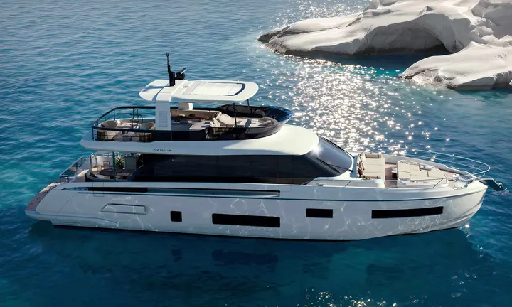 Official Azimut Yachts image of the new 21.47-metre Fly 70, used with editorial coverage of its Cannes Yachting Festival 2026 world premiere.