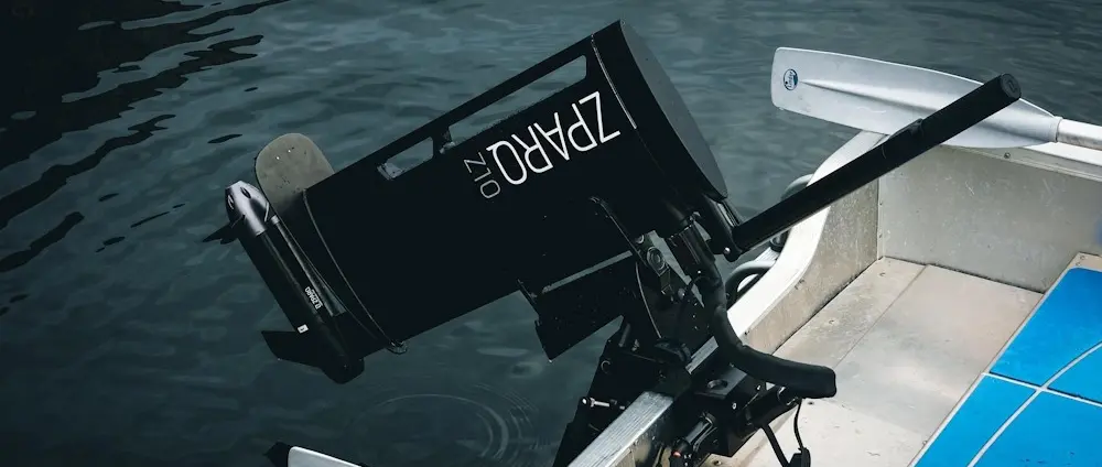 Official image supplied by Southampton International Boat Show / Zparq — official photograph of the Zparq outboard mounted on a boat, September 2026.