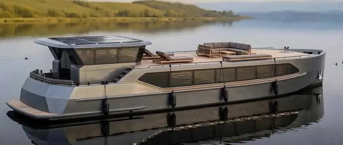 Official image supplied by Gian Paolo Nari — designer-supplied rendering of the proposed Vega contemporary barge (concept, not built).