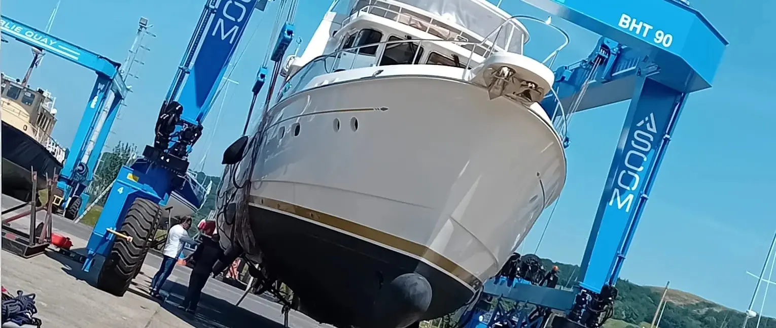 Official image supplied by Fairlie Quay Marina official photograph of the 90-tonne Ascom travel hoist.