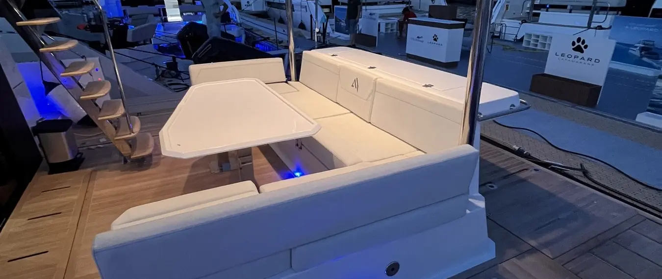 Official image supplied by Aventura Yachts official photograph of the actual Aventura 38 Fly outdoor deck from the builder's gallery.