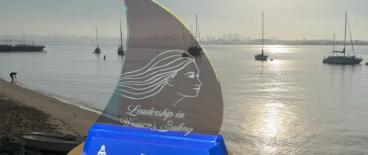 Official image supplied by BoatUS — official photograph of the NWSA Leadership in Women's Sailing award trophy.