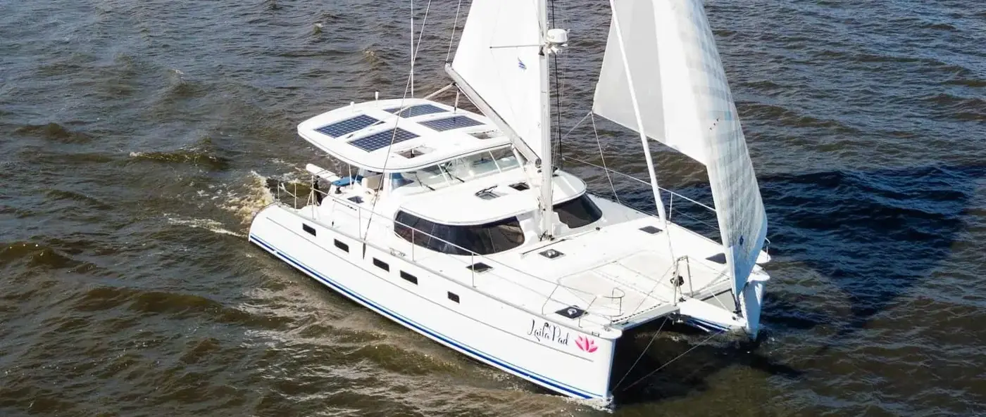 Official image supplied by Antares Catamarans official Antares 44 sailing photograph, showing the actual model.