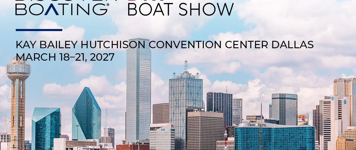 Official image supplied by National Marine Manufacturers Association — original DTX Boat Show promotional graphic with 2027 dates and Dallas venue.
