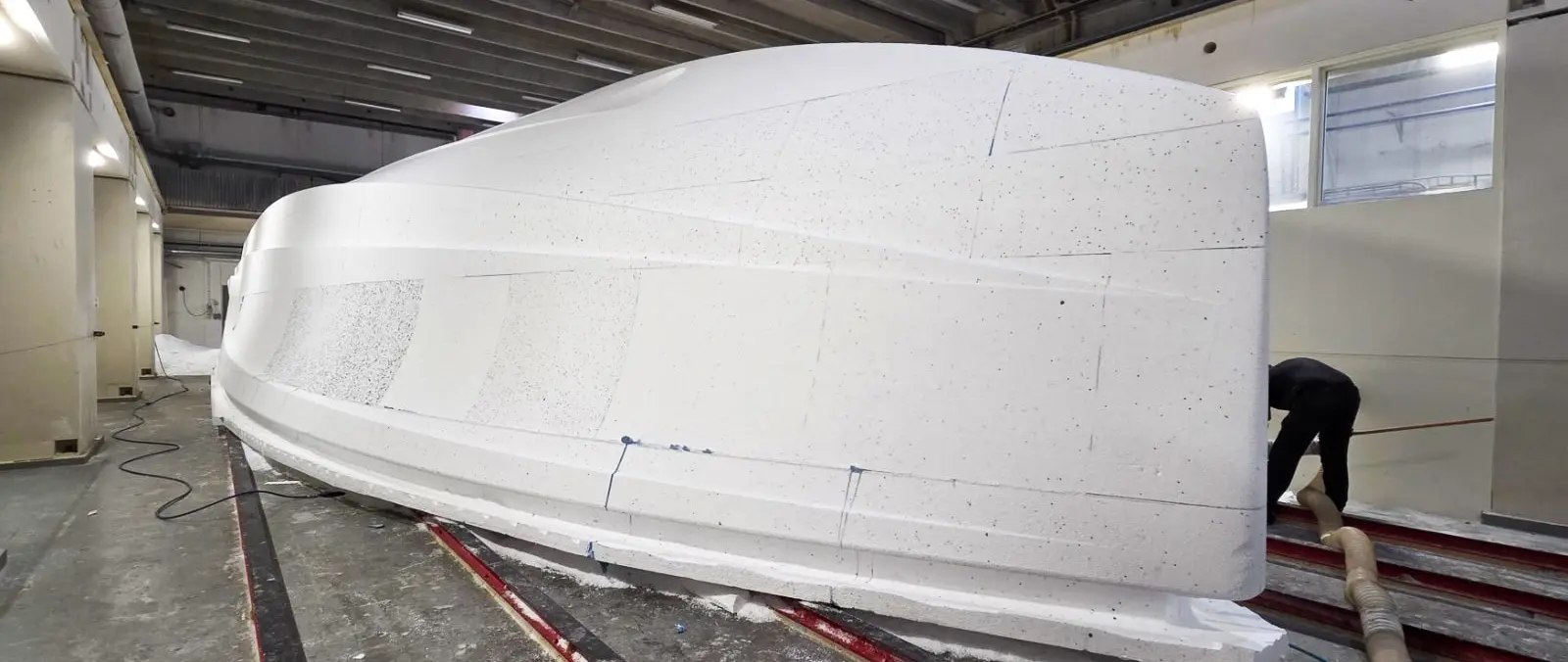 Official image supplied by Windy Boats — official July 2026 SR77 hull plug photograph illustrating the earlier stage of tooling, not the October mould transport.