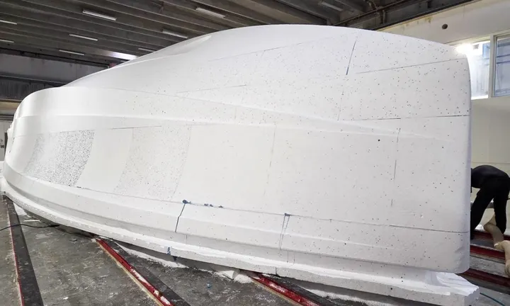 Official image supplied by Windy Boats — official July 2026 SR77 hull plug photograph illustrating the earlier stage of tooling, not the October mould transport.
