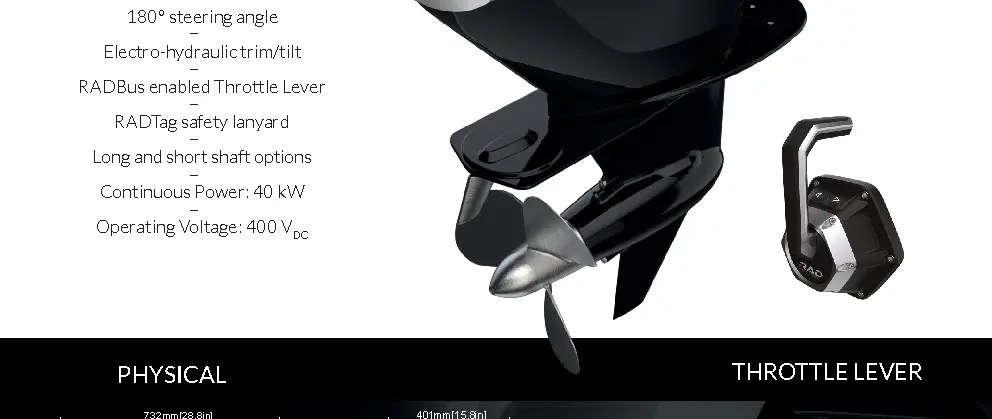 Official RAD Propulsion technical image of the RAD 40 electric outboard system.